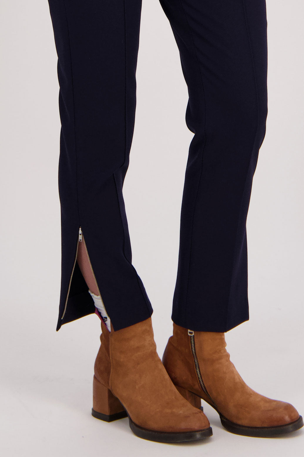 Ink/Dark Blue tailored pant with side splits and zips. Front pin stitch detail. Helena