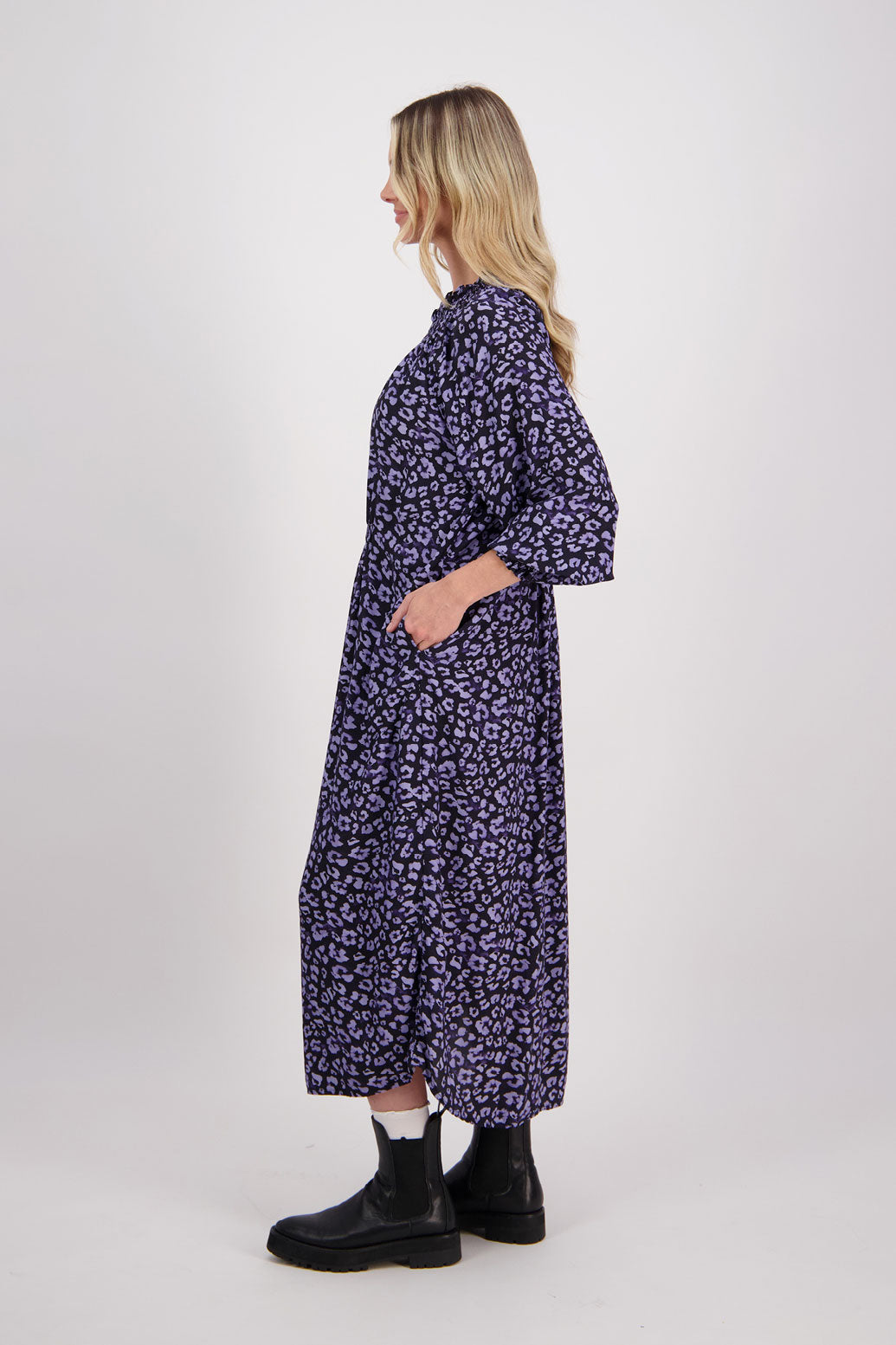 Blue Animal Briarwood viscose full length dress with shirt hem detail. Shirred detail around the neck, waist and sleeves. Shirred waistline detail at front and back gives gentle shape. Henna