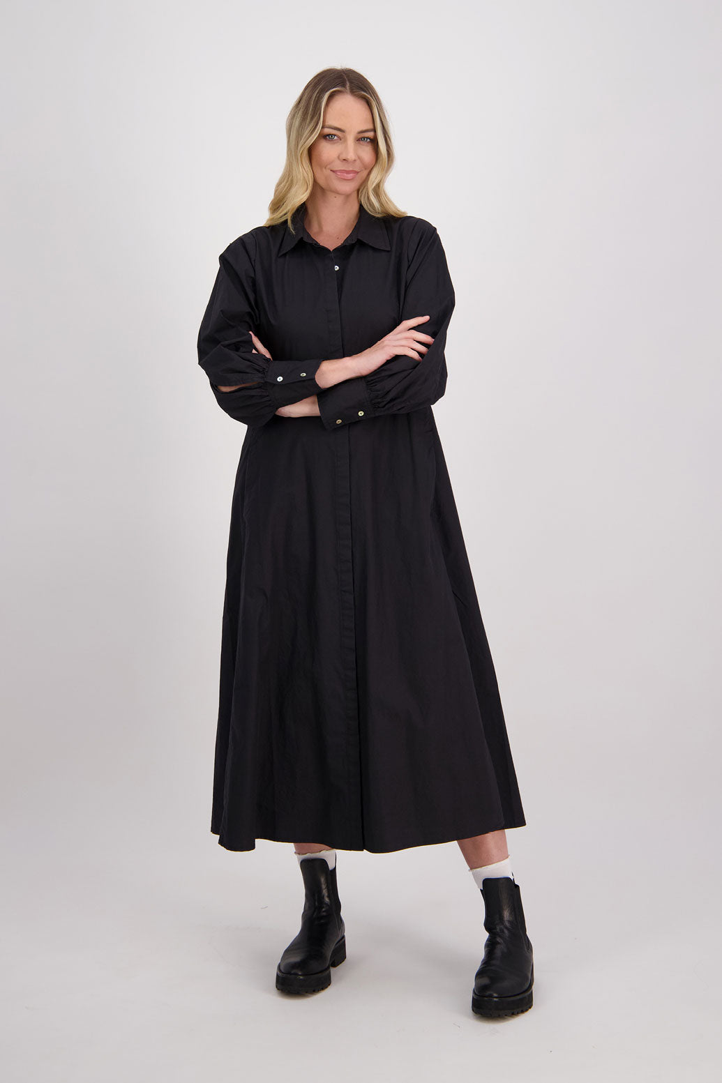 Black Cotton Poplin Long Sleeve Maxi Shirt Dress, Henrietta