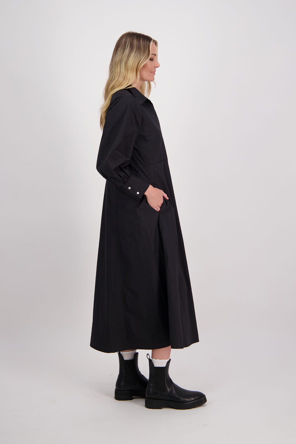 Black Cotton Poplin Long Sleeve Maxi Shirt Dress, Henrietta