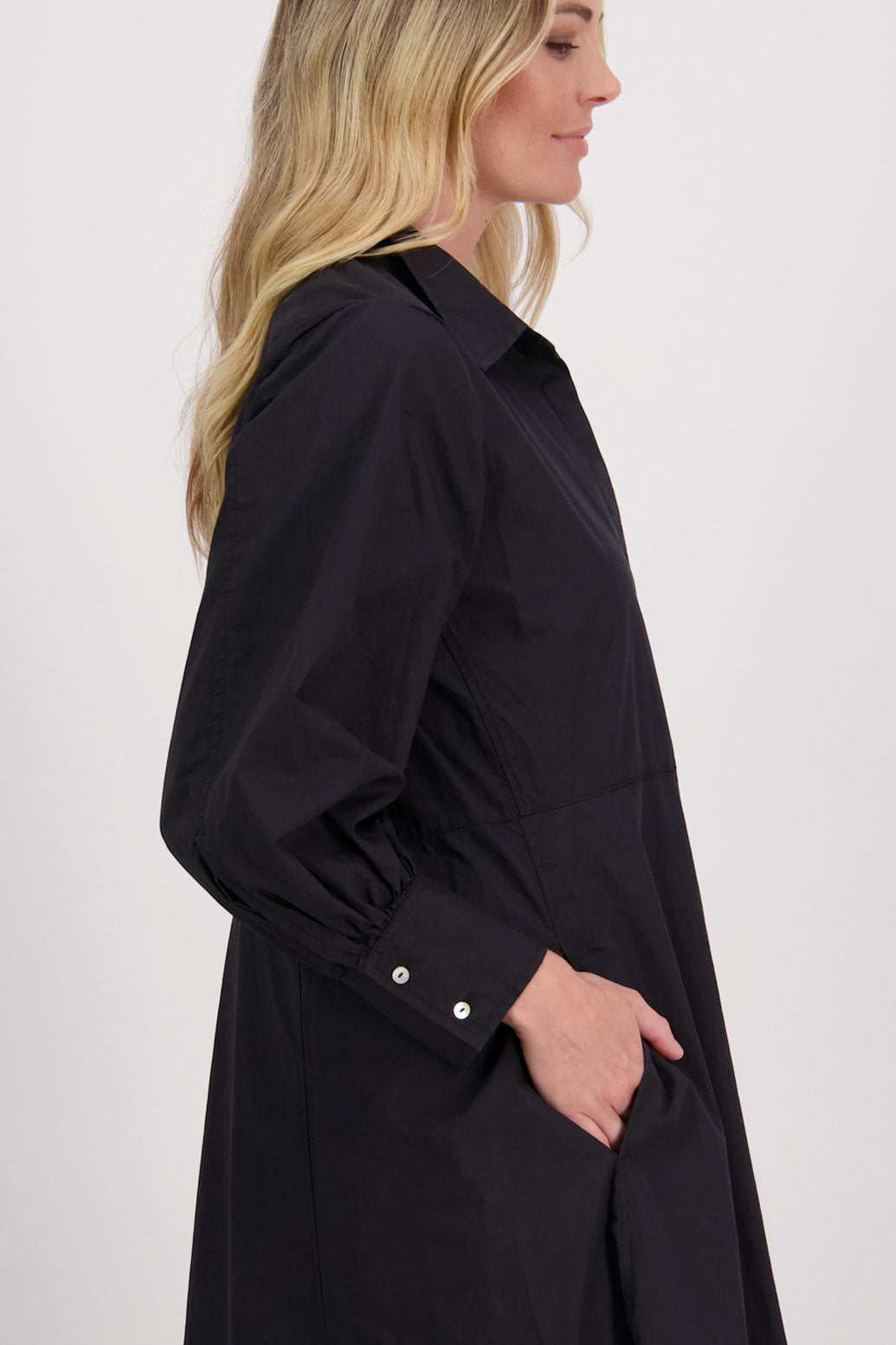 Black Cotton Poplin Long Sleeve Maxi Shirt Dress, Henrietta