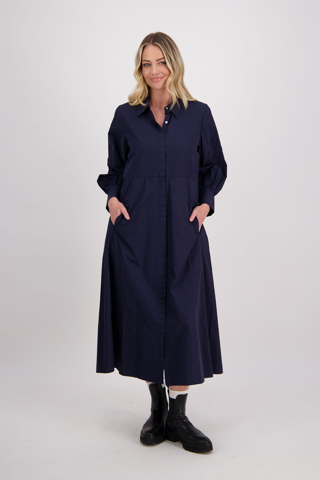 Ink Cotton Poplin Long Sleeve Maxi Shirt Dress, Henrietta