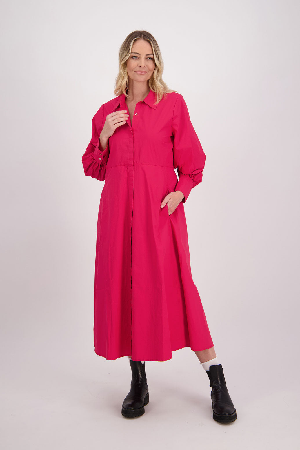 Red Cotton Poplin Long Sleeve Maxi Shirt Dress, Henrietta