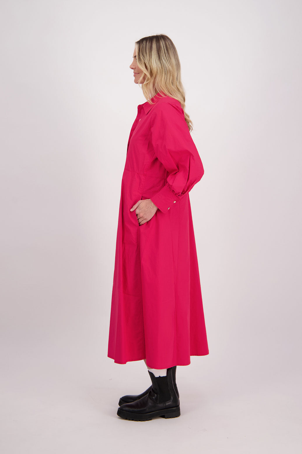 Red Cotton Poplin Long Sleeve Maxi Shirt Dress, Henrietta