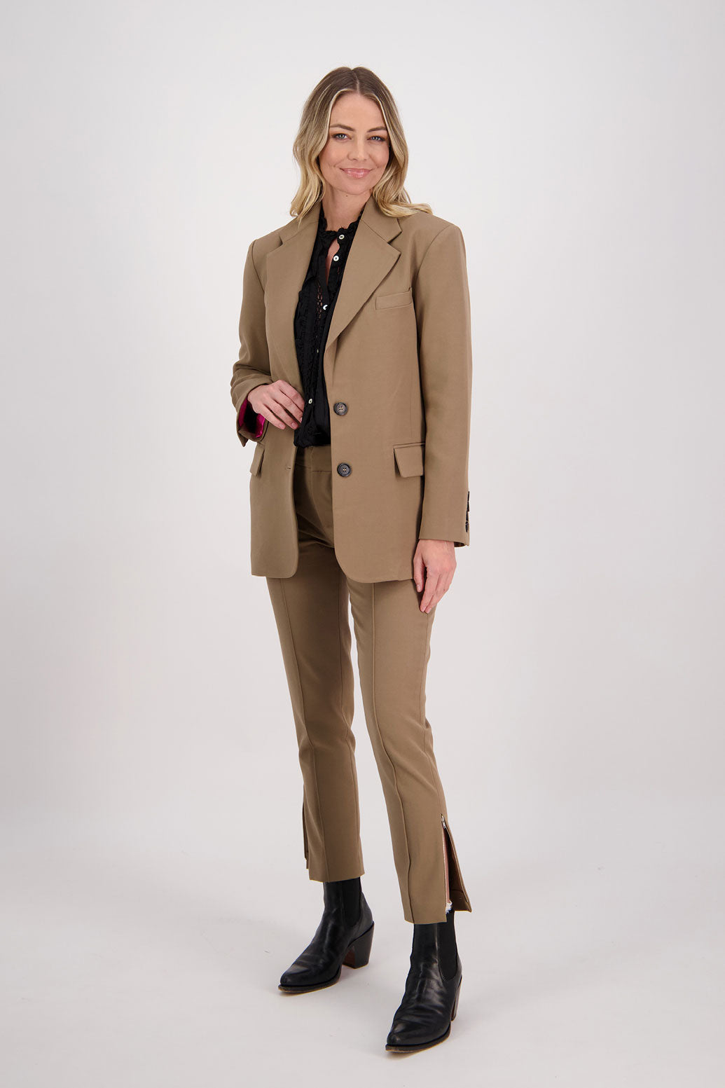 Camel longline blazer with fucshia lining. Hilary