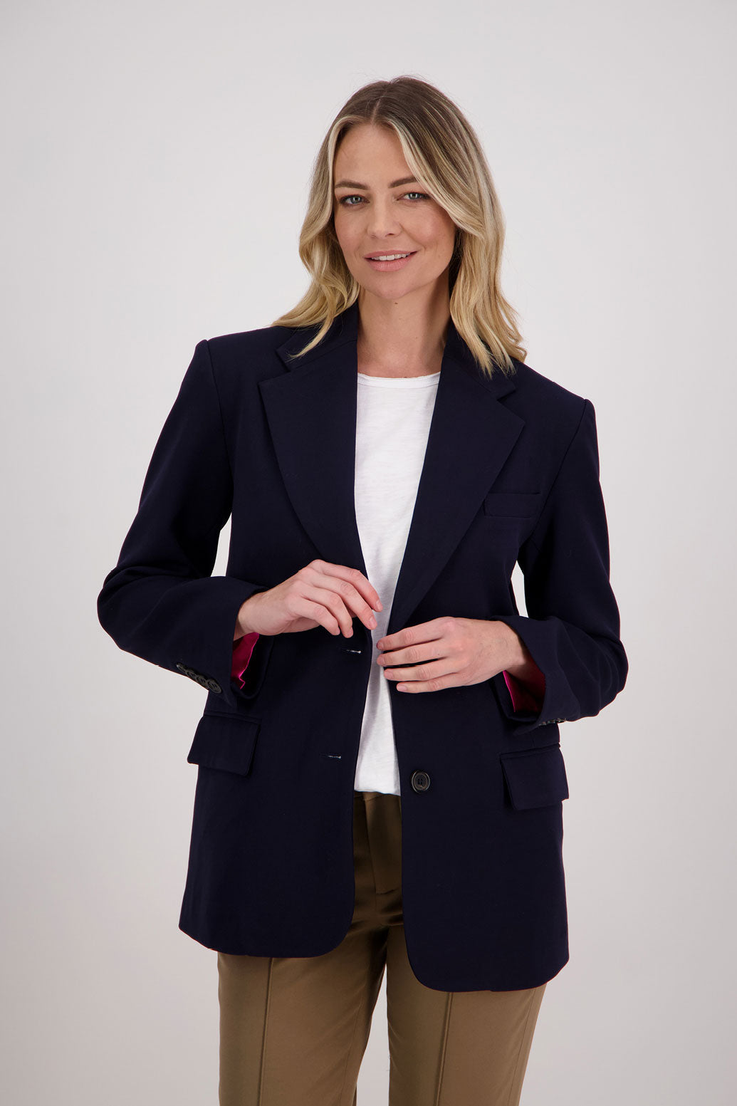 Ink/Dark Blue longline blazer with fucshia lining. Hilary