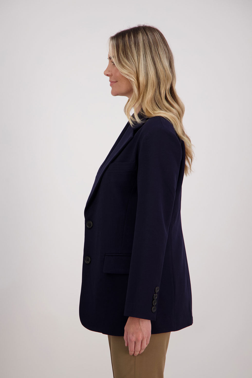 Ink/Dark Blue longline blazer with fucshia lining. Hilary