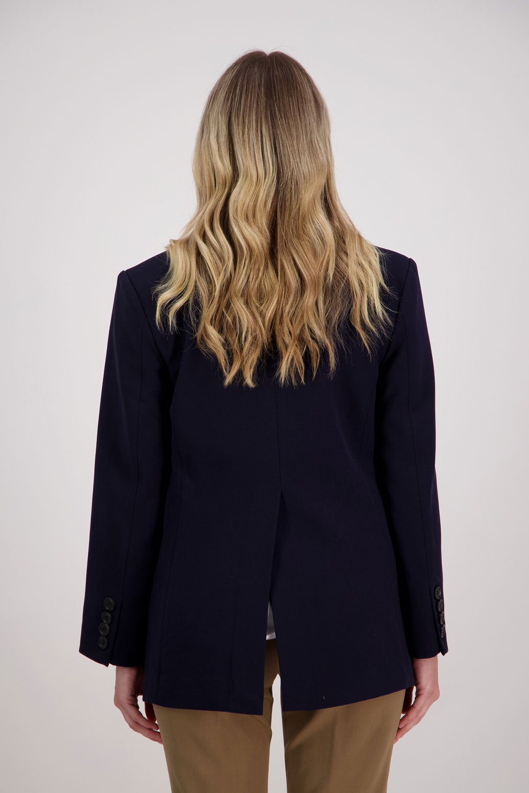 Ink/Dark Blue longline blazer with fucshia lining. Hilary