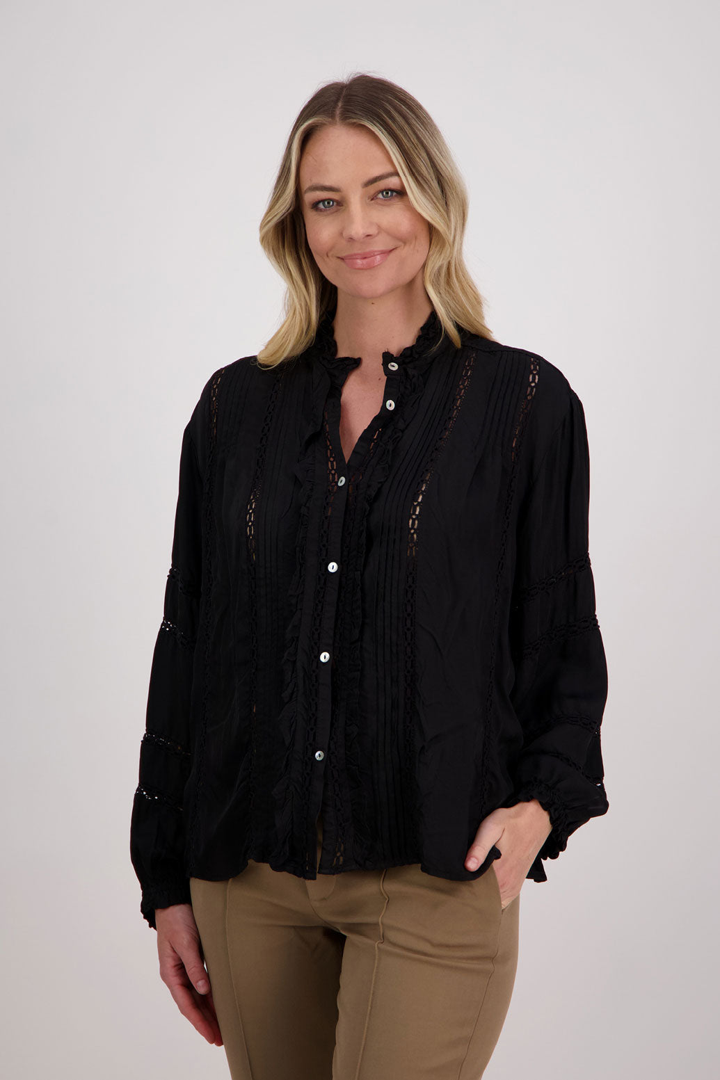 Black Long Sleeve Viscose Shirt with Lace detail, Hilda