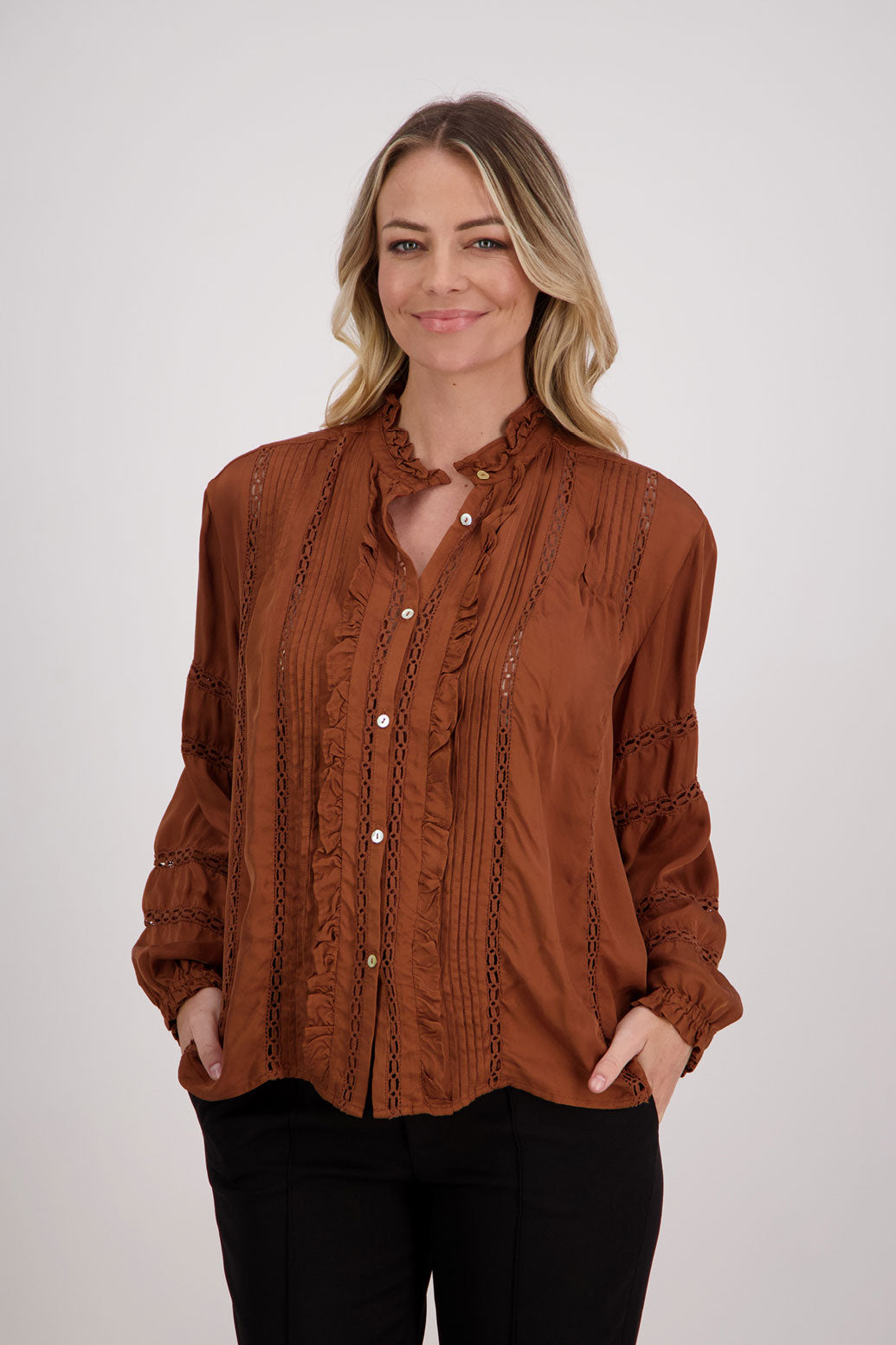 Tan Long Sleeve Shirt with Lace detail, Hilda