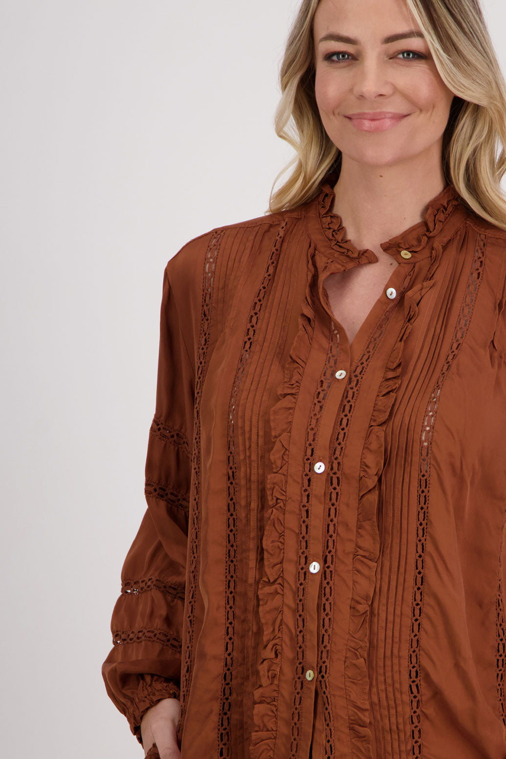 Tan Long Sleeve Shirt with Lace detail, Hilda