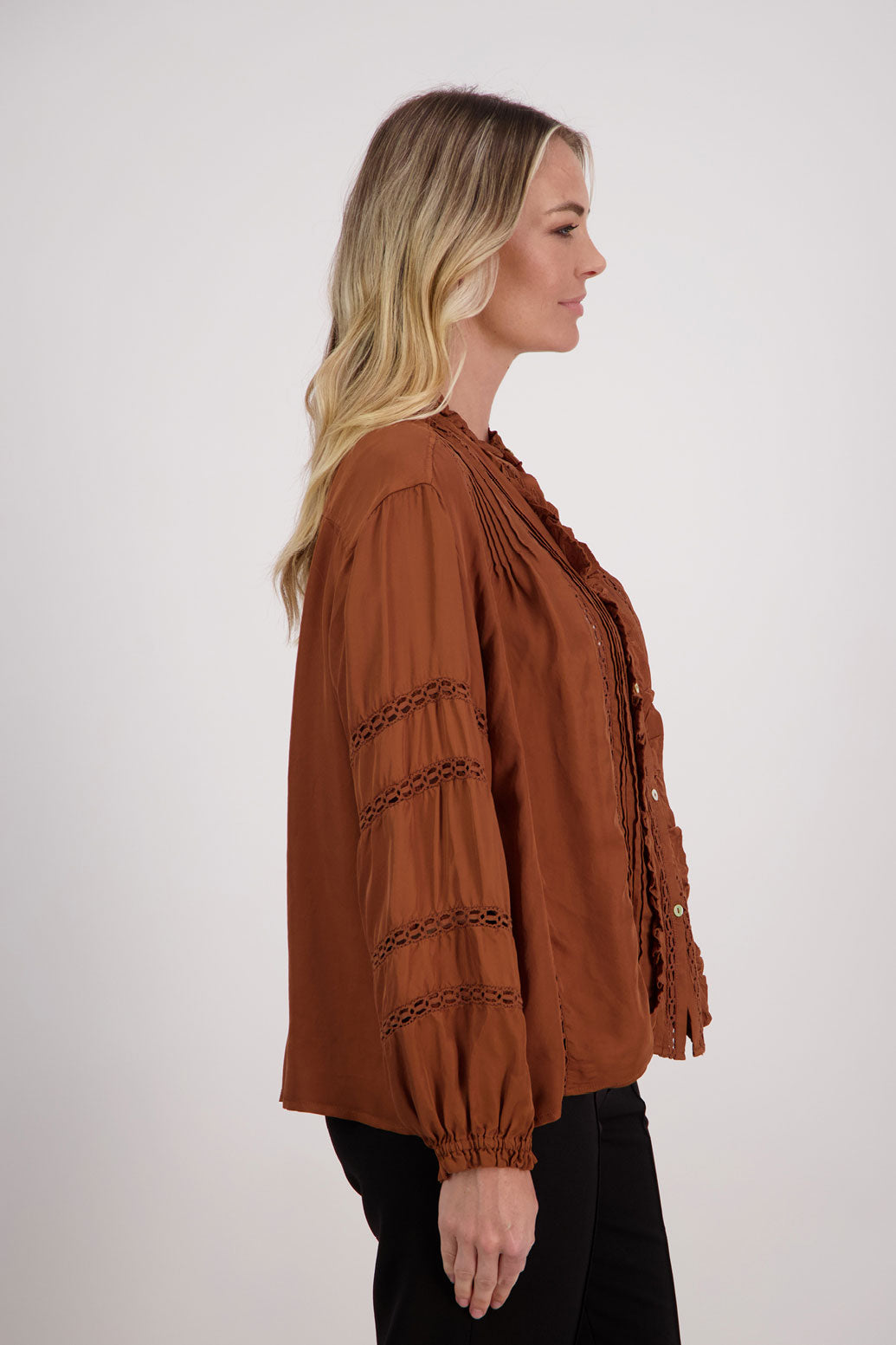 Tan Long Sleeve Shirt with Lace detail, Hilda