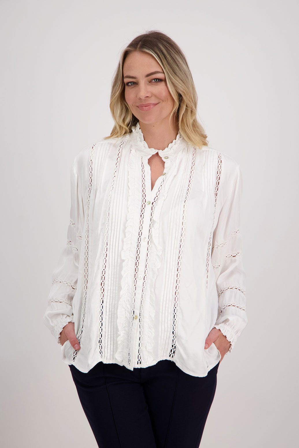 White/Ivory Long Sleeve Shirt with Lace detail, Hilda