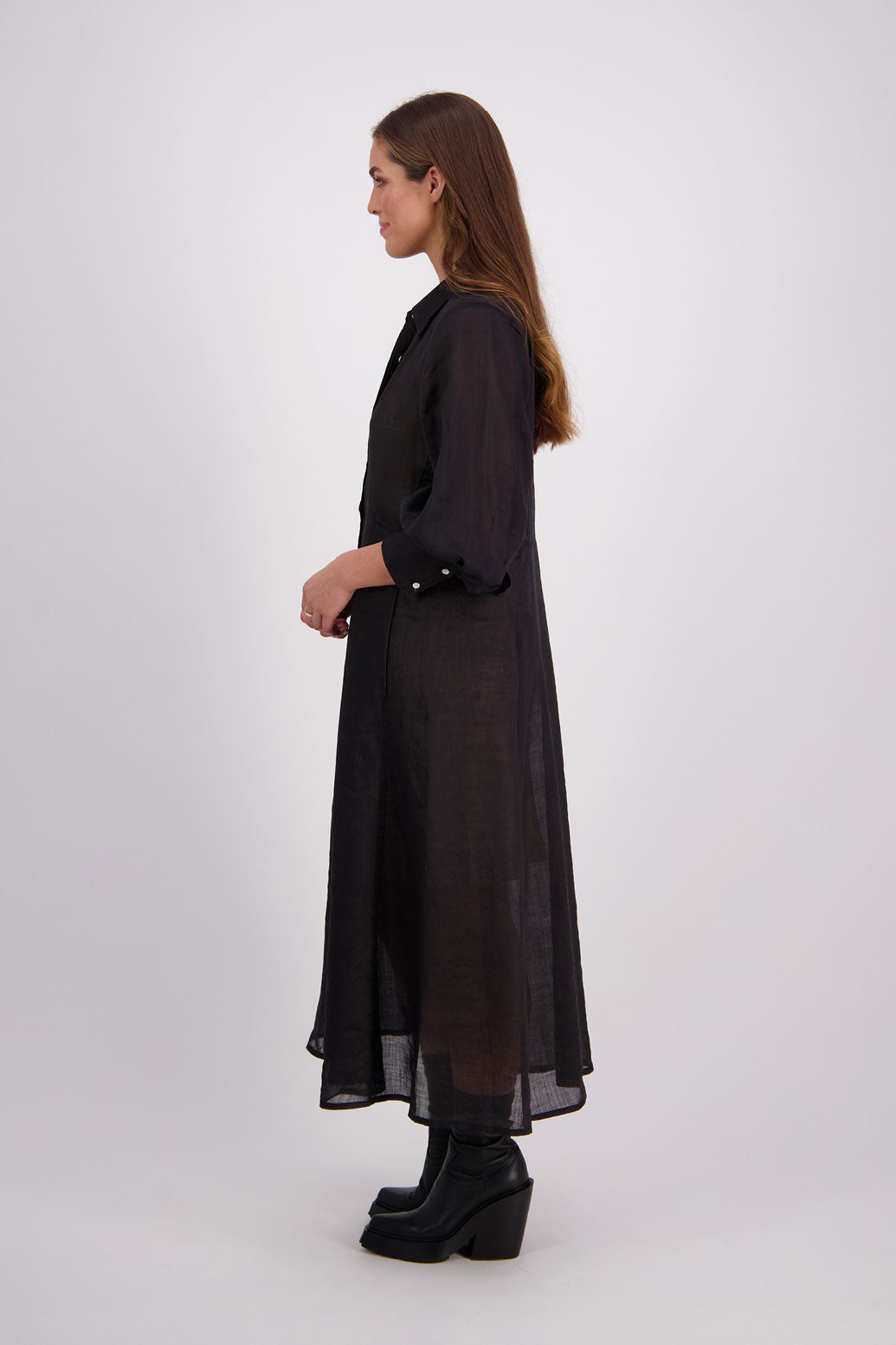 Briarwood Ramie Shirt Dress with long sleeves, hidden button front and maxi length. Hollie Black