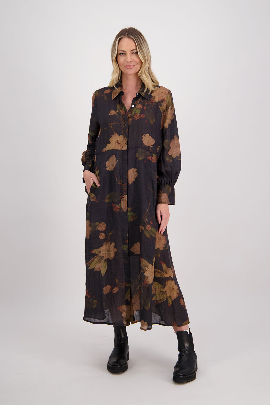 Black Floral Ramie Shirt Dress with Long Sleeves and Hidden Button Front, Hollie