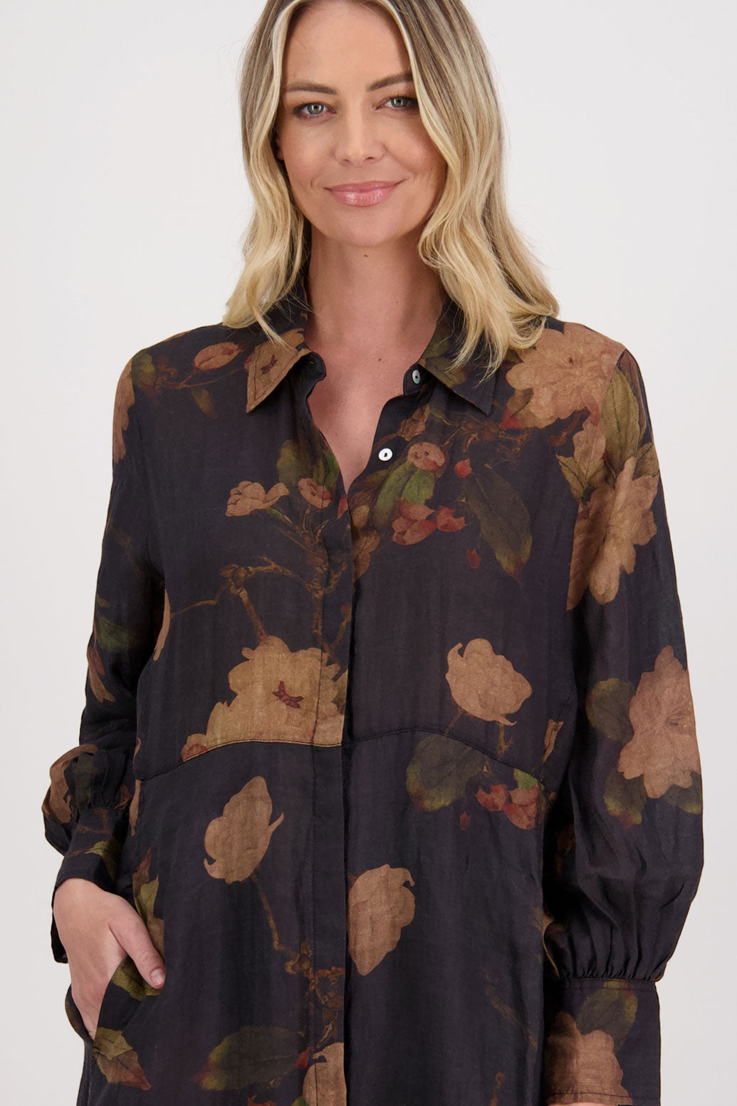 Black Floral Ramie Shirt Dress with Long Sleeves and Hidden Button Front, Hollie