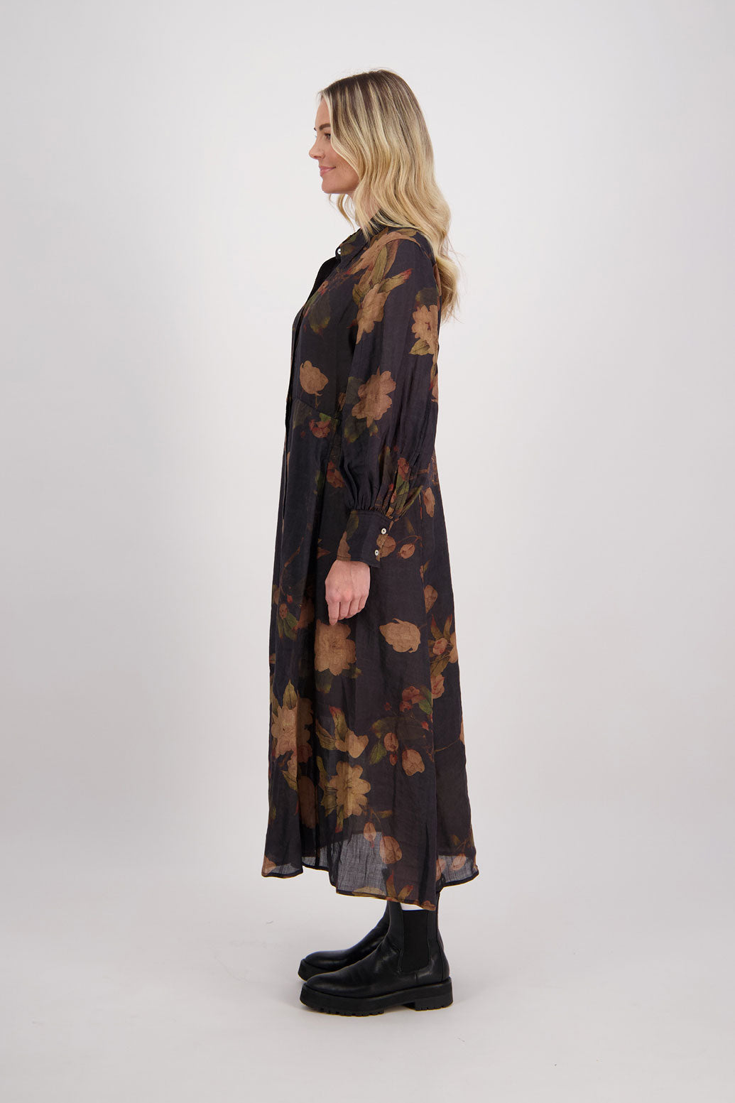 Black Floral Ramie Shirt Dress with Long Sleeves and Hidden Button Front, Hollie