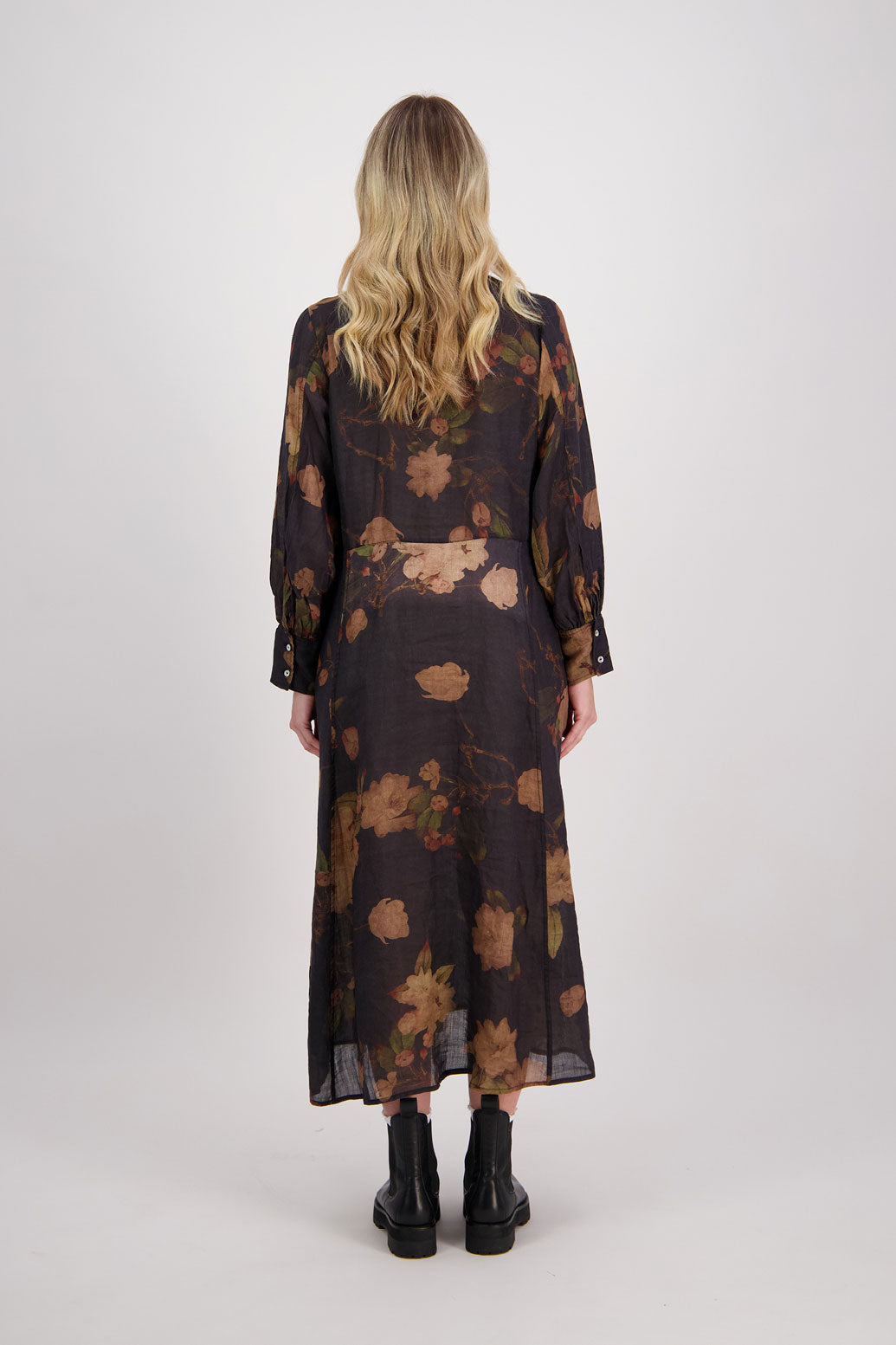 Black Floral Ramie Shirt Dress with Long Sleeves and Hidden Button Front, Hollie