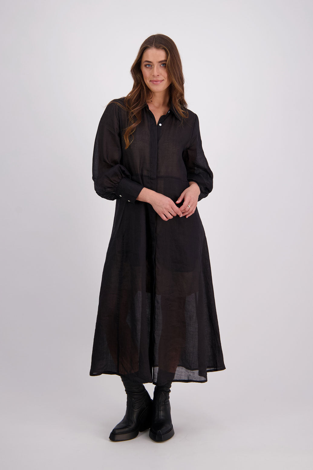 Briarwood Ramie Shirt Dress with long sleeves, hidden button front and maxi length. Hollie Black