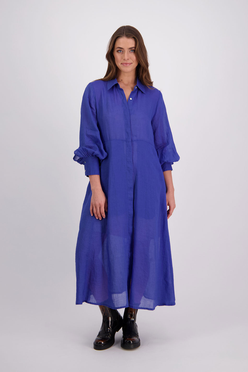 Briarwood Ramie Shirt Dress with long sleeves, hidden button front and maxi length. Hollie Bright Blue