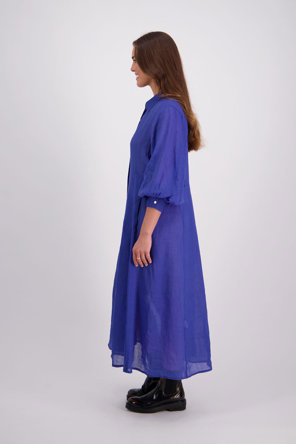 Briarwood Ramie Shirt Dress with long sleeves, hidden button front and maxi length. Hollie Bright Blue
