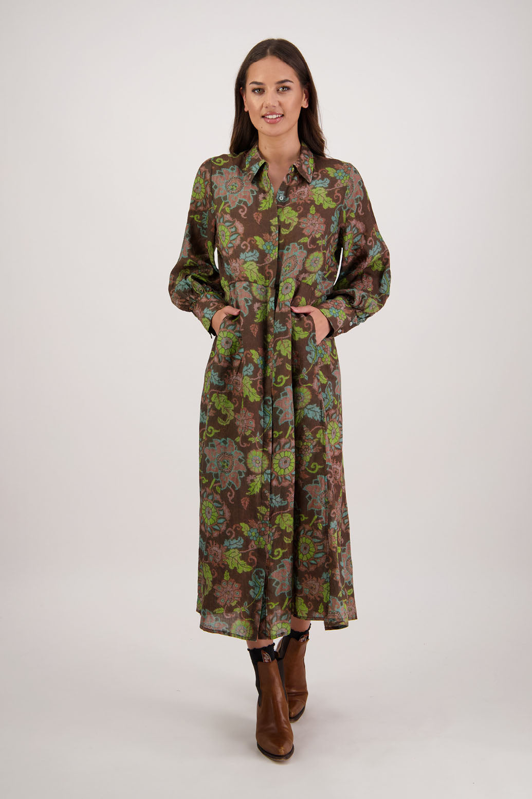 Hollie Dress in Brown Floral by Briarwood NZ. Flattering 100% ramie shirt dress with full length sleeves, shaped waist, pockets