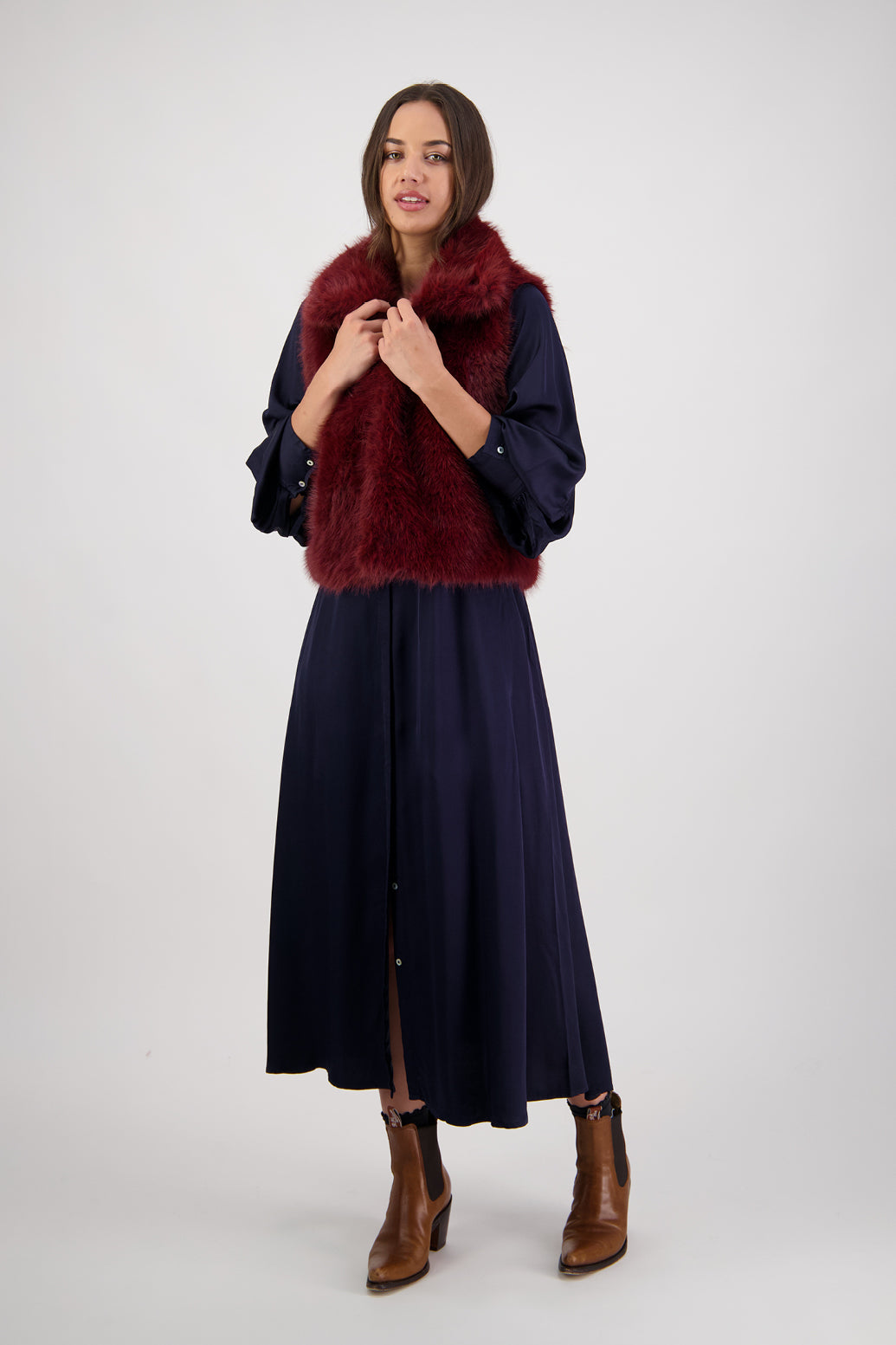 Hollie Ink Shirt Dress by Briarwood NZ. 100% Viscose shirt dress with long full length sleeves, fitted through the body, A-line skirt, Hidden button down front, extended cuff with 2 button closure