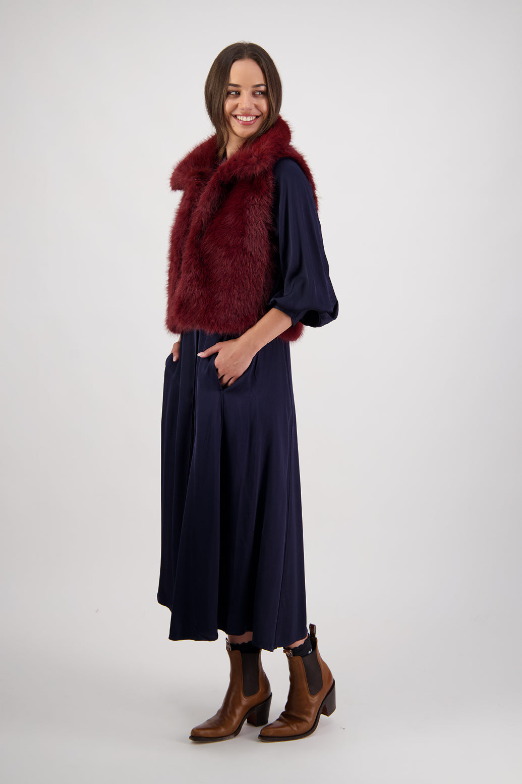 Hollie Ink Shirt Dress by Briarwood NZ. 100% Viscose shirt dress with long full length sleeves, fitted through the body, A-line skirt, Hidden button down front, extended cuff with 2 button closure