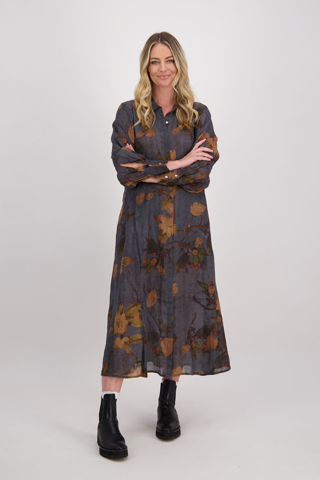 Petrol Floral Ramie Shirt Dress with Long Sleeves and Hidden Button Front, Hollie