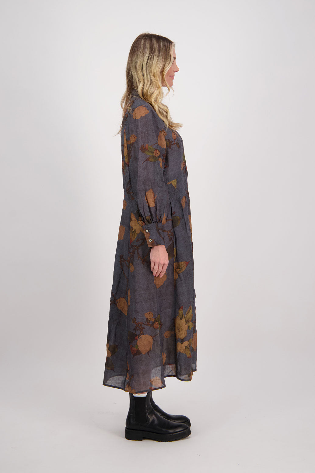 Petrol Floral Ramie Shirt Dress with Long Sleeves and Hidden Button Front, Hollie