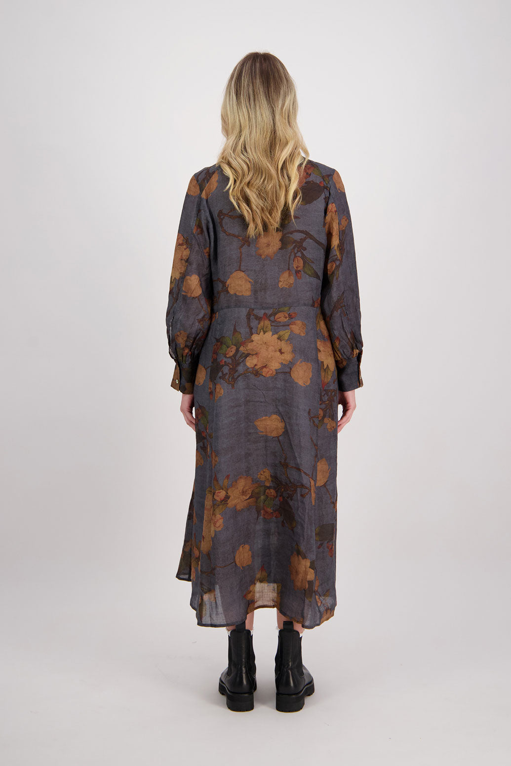 Petrol Floral Ramie Shirt Dress with Long Sleeves and Hidden Button Front, Hollie