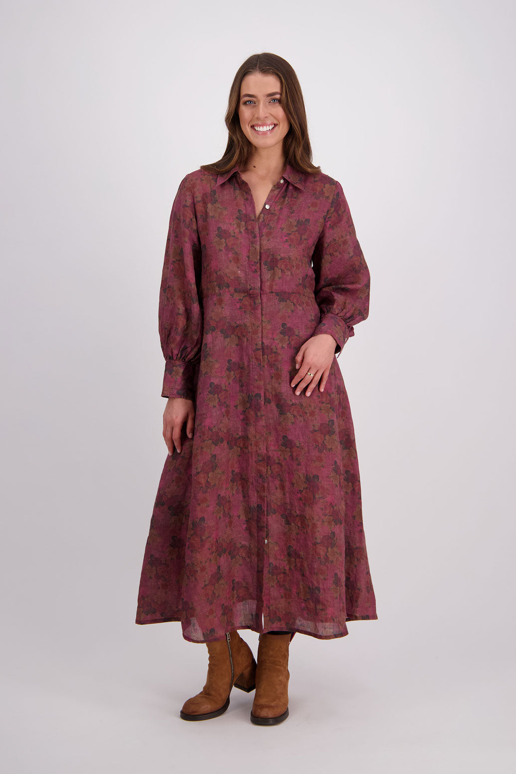 Briarwood Ramie Shirt Dress with long sleeves, hidden button front and maxi length. Hollie Plum Floral