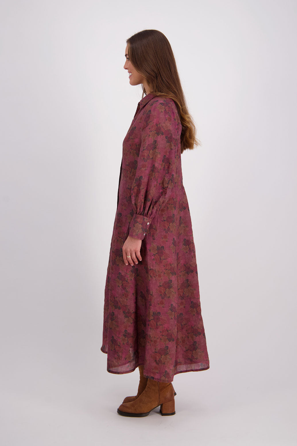 Briarwood Ramie Shirt Dress with long sleeves, hidden button front and maxi length. Hollie Plum Floral