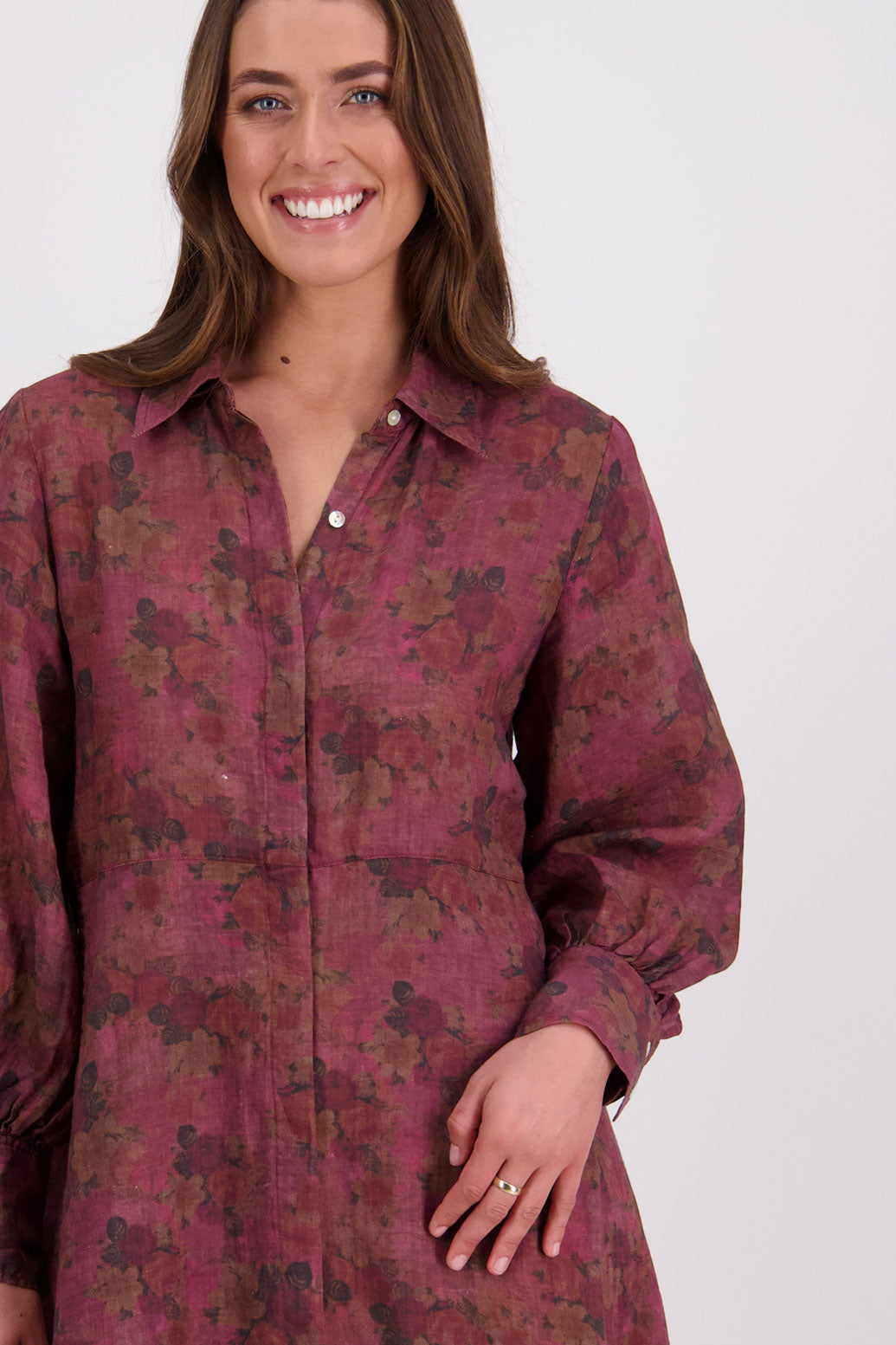 Briarwood Ramie Shirt Dress with long sleeves, hidden button front and maxi length. Hollie Plum Floral
