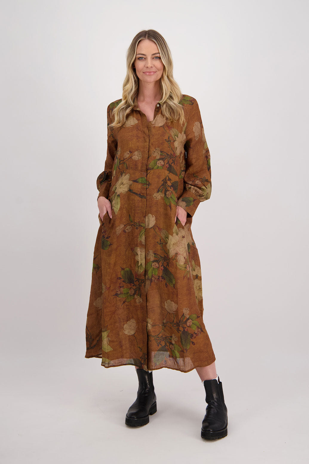 Tan Floral Ramie Shirt Dress with Long Sleeves and Hidden Button Front, Hollie