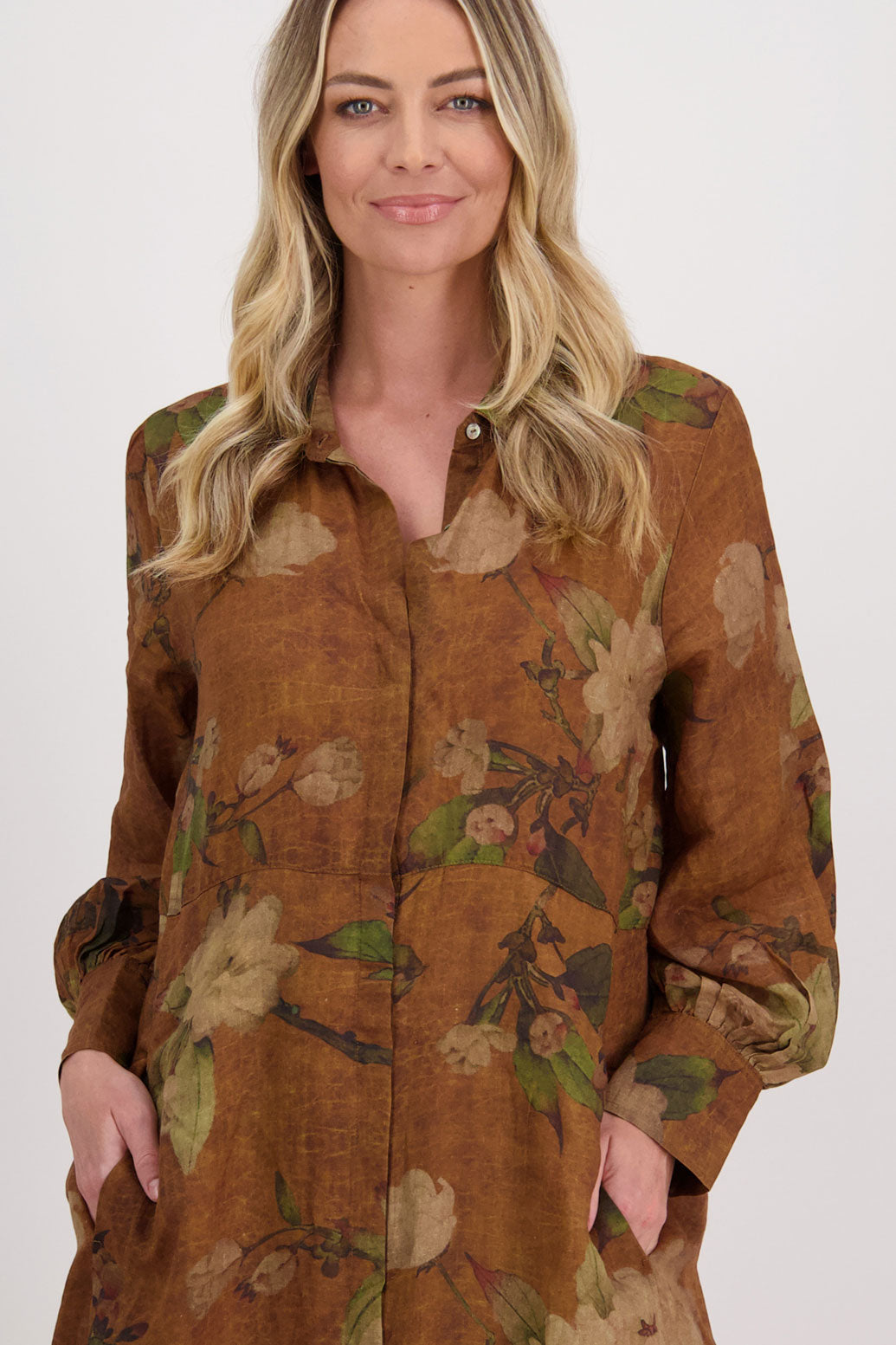 Tan Floral Ramie Shirt Dress with Long Sleeves and Hidden Button Front, Hollie