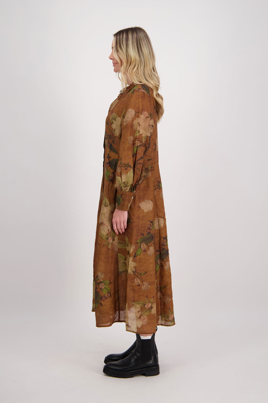 Tan Floral Ramie Shirt Dress with Long Sleeves and Hidden Button Front, Hollie