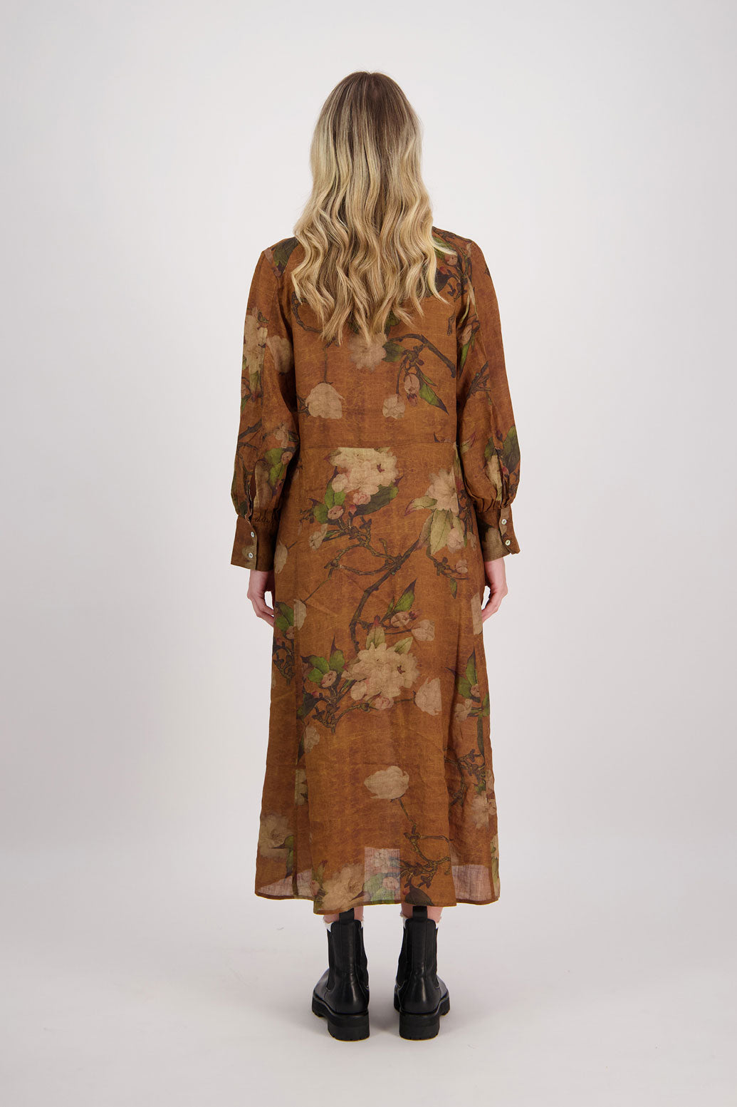 Tan Floral Ramie Shirt Dress with Long Sleeves and Hidden Button Front, Hollie