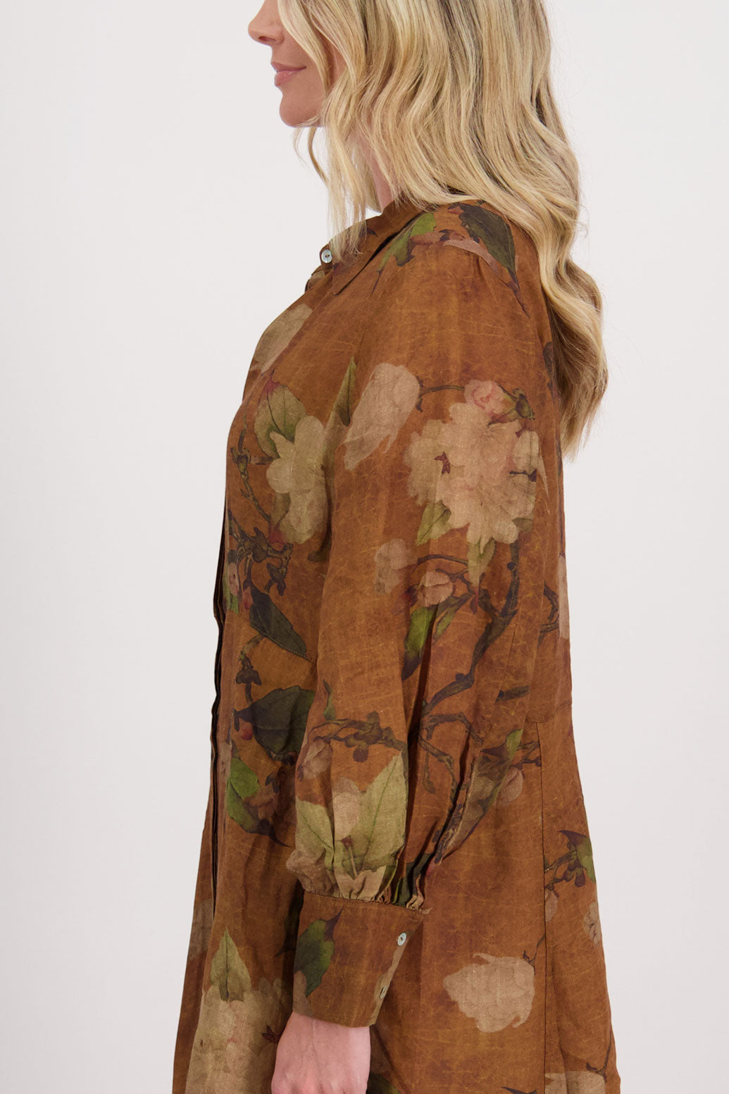 Tan Floral Ramie Shirt Dress with Long Sleeves and Hidden Button Front, Hollie