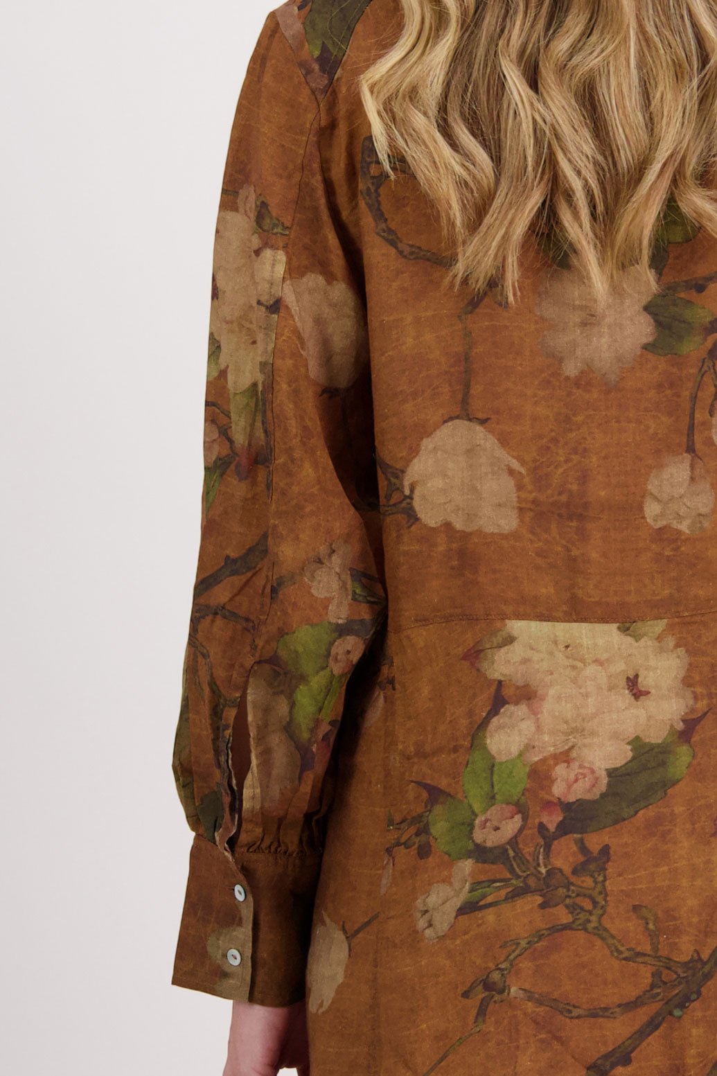 Tan Floral Ramie Shirt Dress with Long Sleeves and Hidden Button Front, Hollie