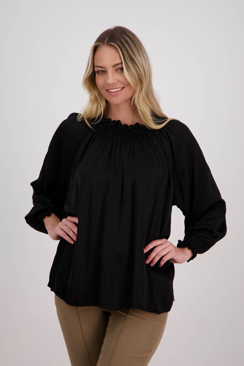 Black, Briarwood Long Sleeve Viscose top with shirred neck and sleeves, Hollis