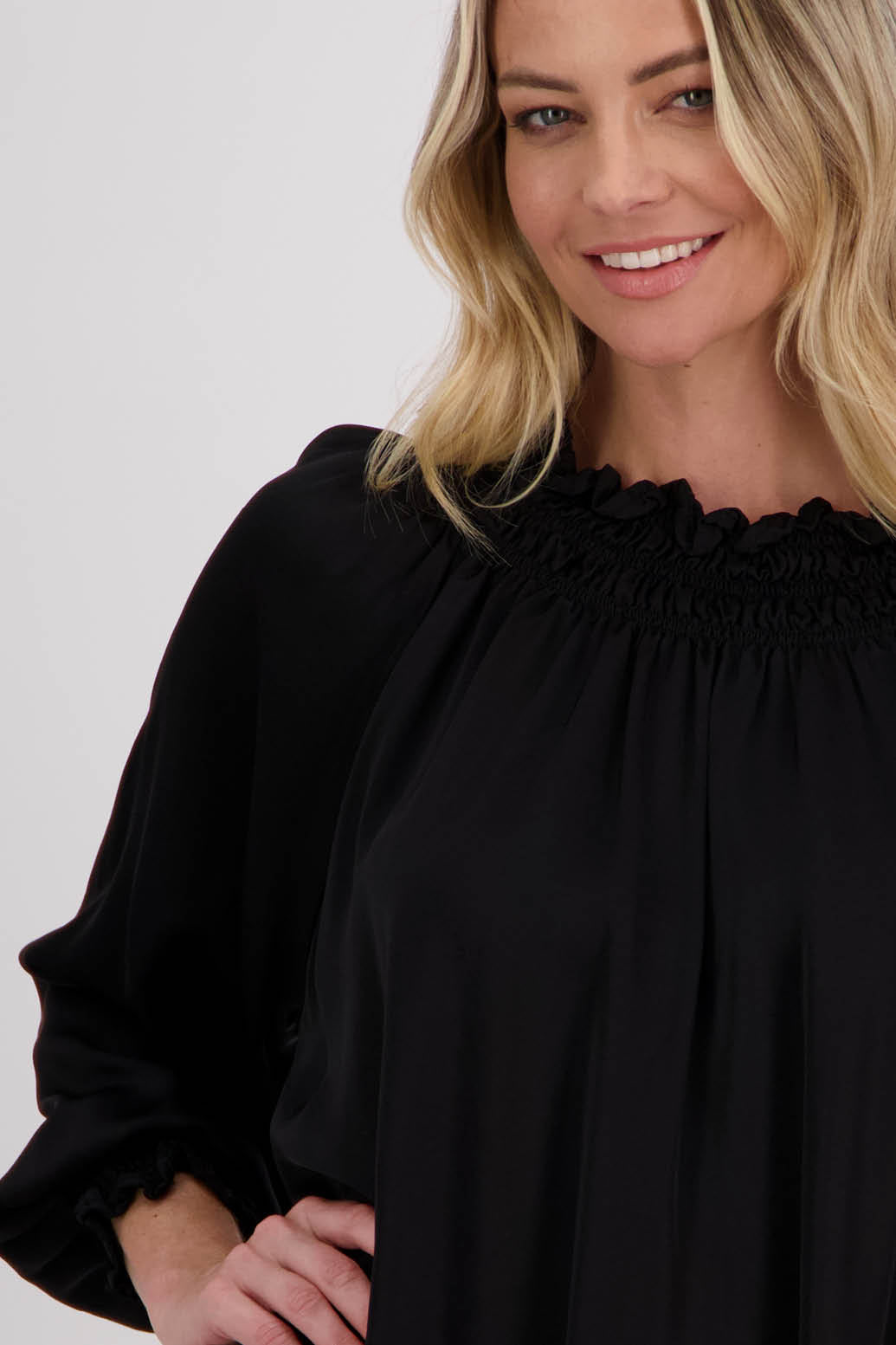 Black, Briarwood Long Sleeve Viscose top with shirred neck and sleeves, Hollis