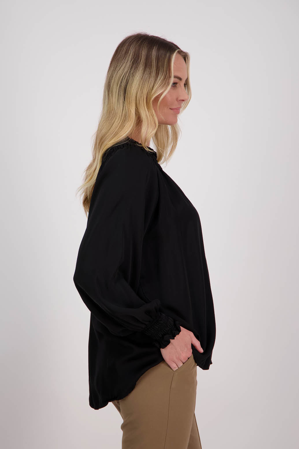 Black, Briarwood Long Sleeve Viscose top with shirred neck and sleeves, Hollis