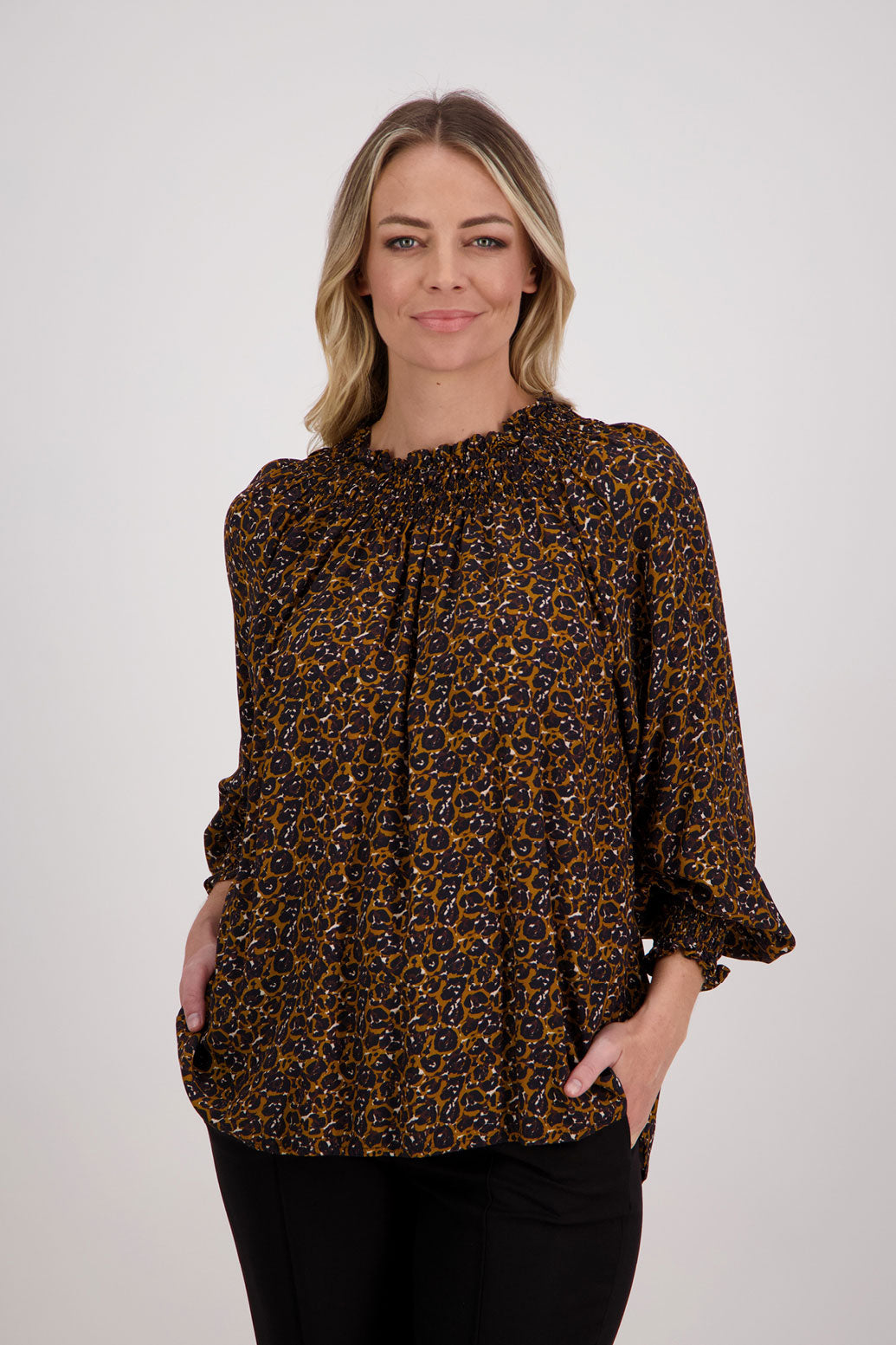 Brown Animal, Briarwood Long Sleeve Viscose top with shirred neck and sleeves, Hollis