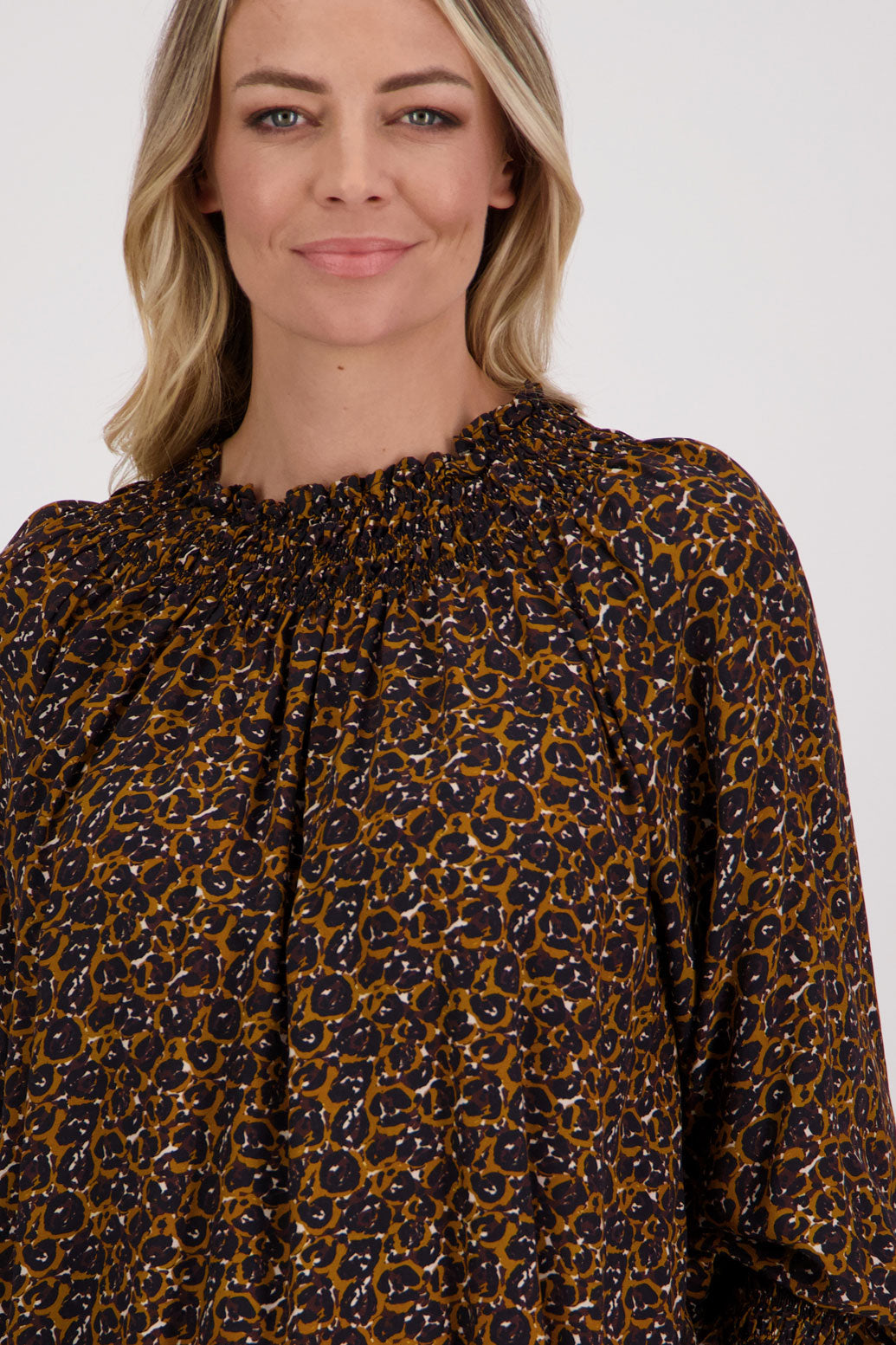 Brown Animal, Briarwood Long Sleeve Viscose top with shirred neck and sleeves, Hollis