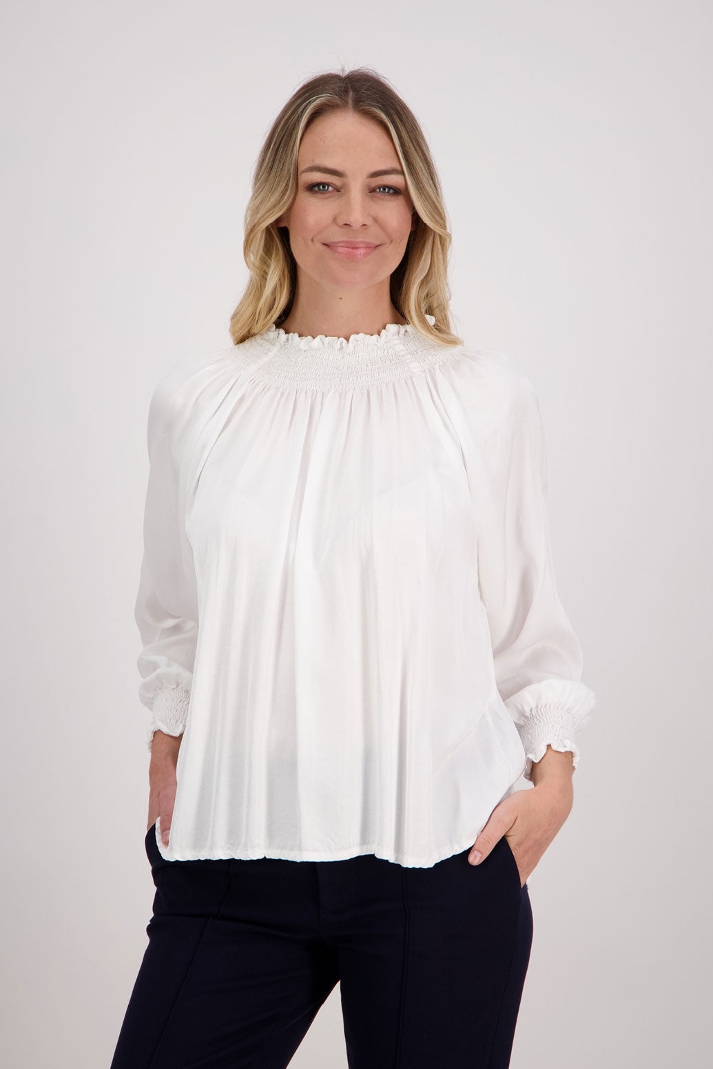 ivory/White, Briarwood Long Sleeve Viscose top with shirred neck and sleeves, Hollis