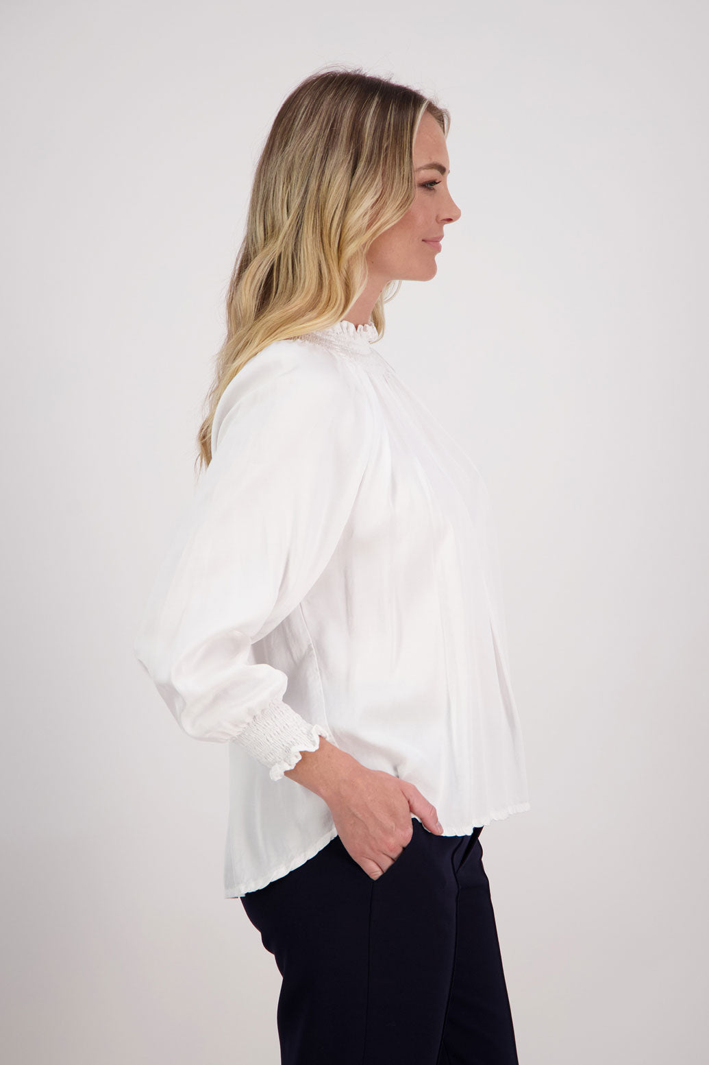 ivory/White, Briarwood Long Sleeve Viscose top with shirred neck and sleeves, Hollis