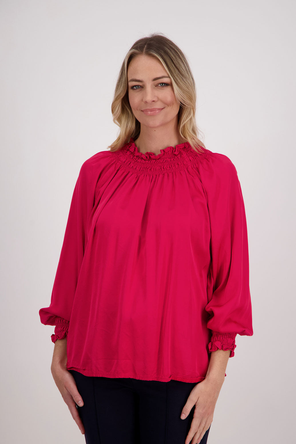 Red, Briarwood Long Sleeve Viscose top with shirred neck and sleeves, Hollis