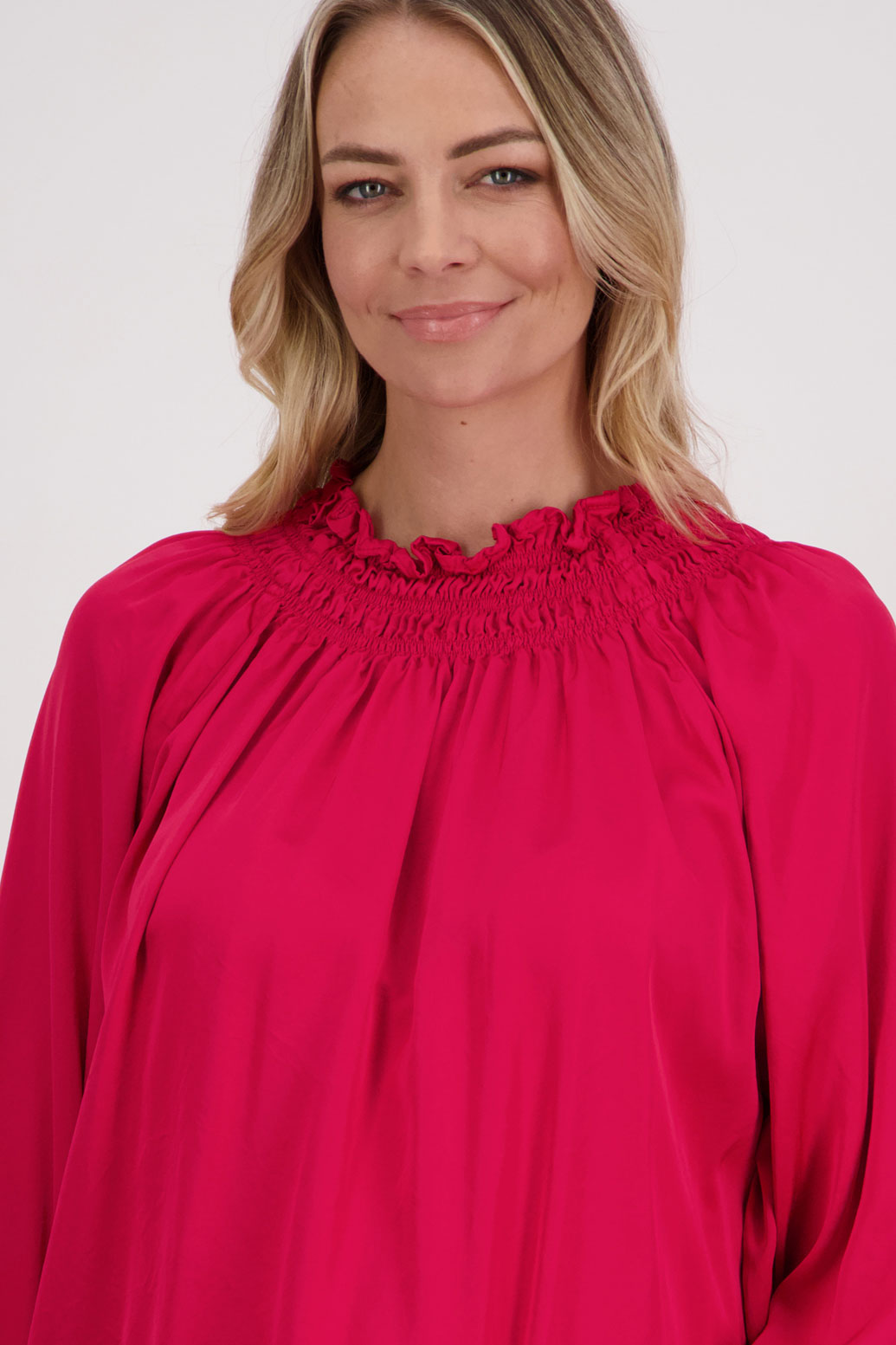 Red, Briarwood Long Sleeve Viscose top with shirred neck and sleeves, Hollis