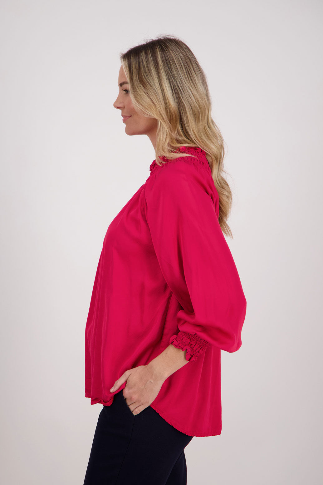 Red, Briarwood Long Sleeve Viscose top with shirred neck and sleeves, Hollis